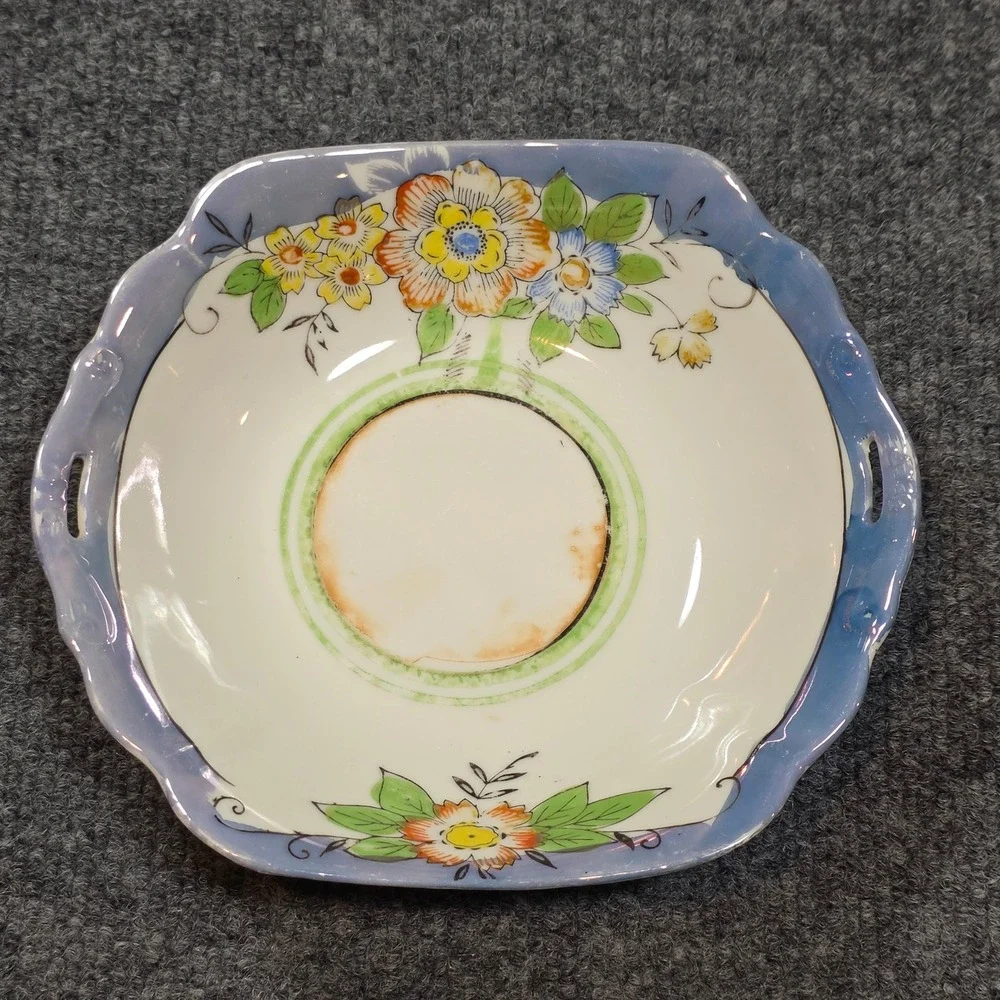 Vintage Made in Japan Floral Lusterware Porcelain Scalloped Square Handled Dish